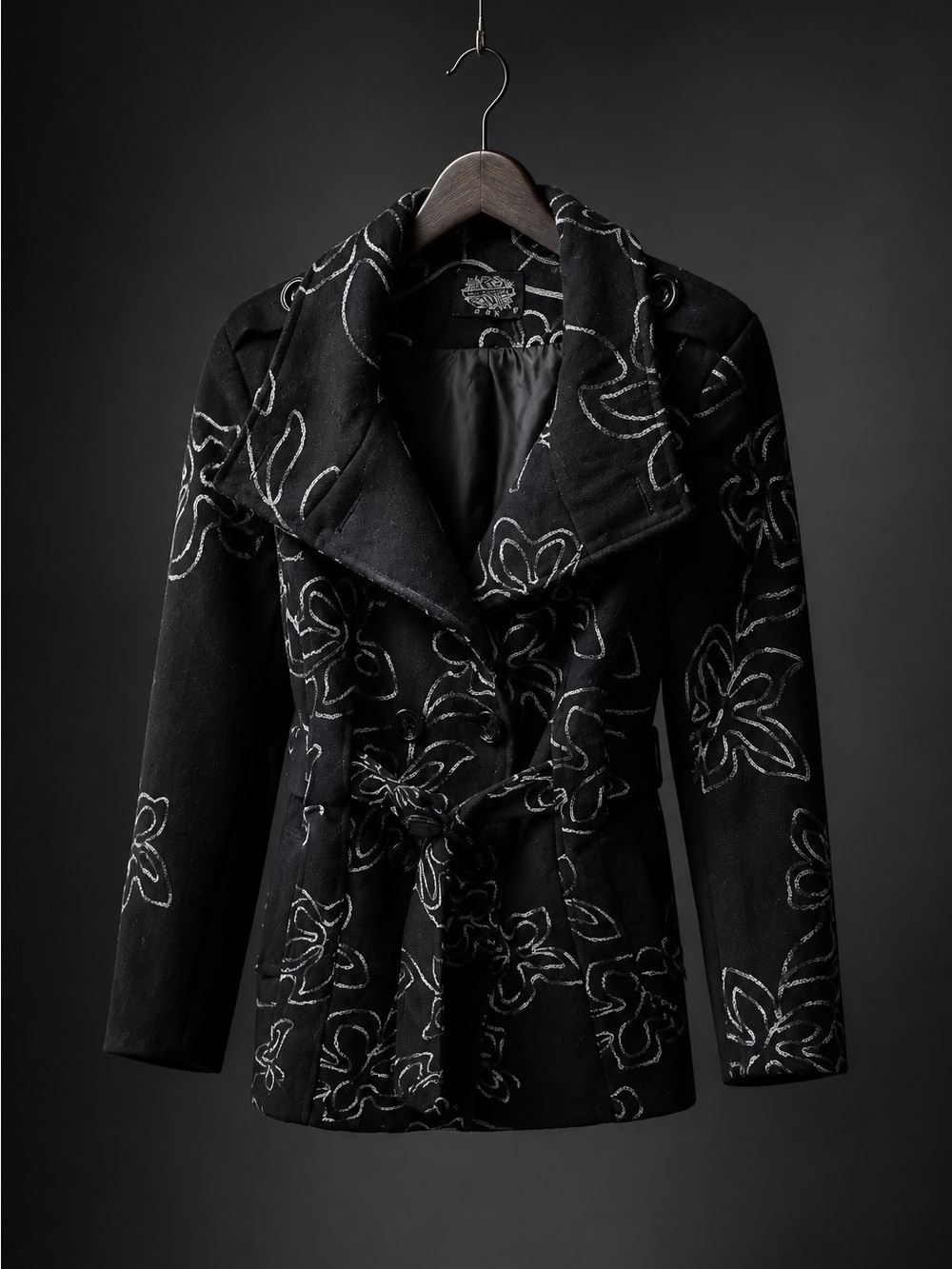 Black Floral-Embroidered Belted Peacoat